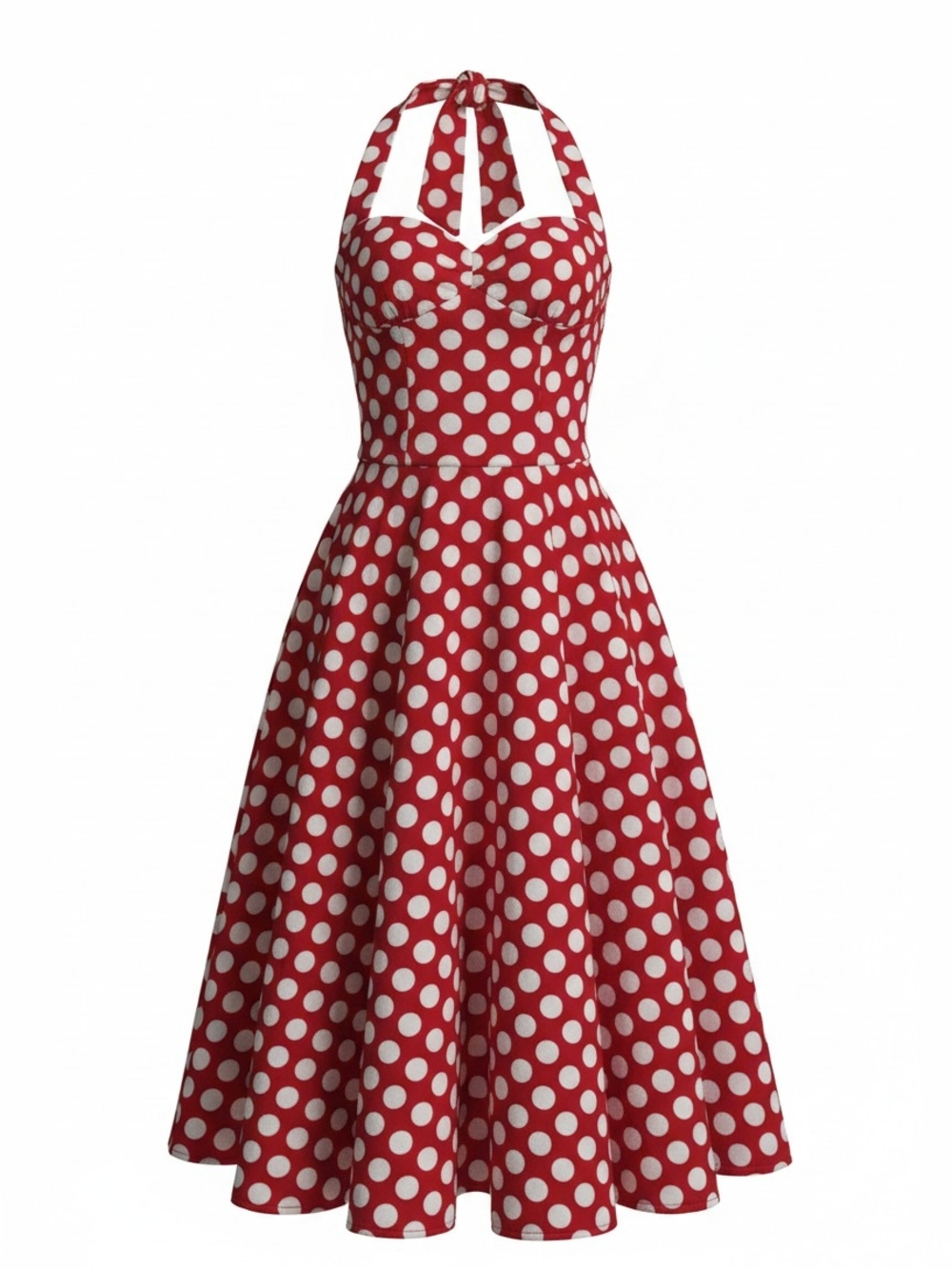 Red Polka Dot Halter Midi Dress